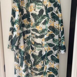 Tropical Leaf & Bird of Paradise Kimono Cover-Up - Green & Yellow